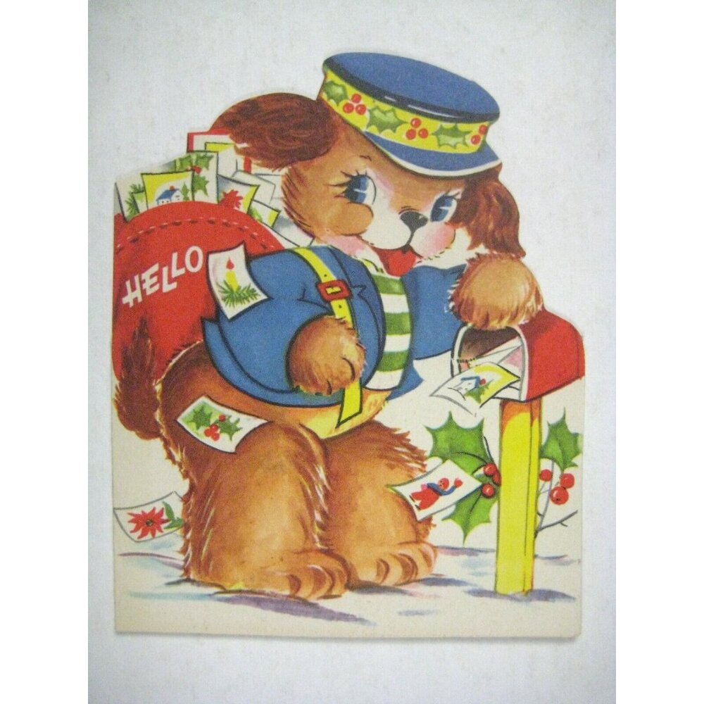 Hello Merry Christmas Card 1950 Used USA  Anthropomorphic Dog Postal Carrier